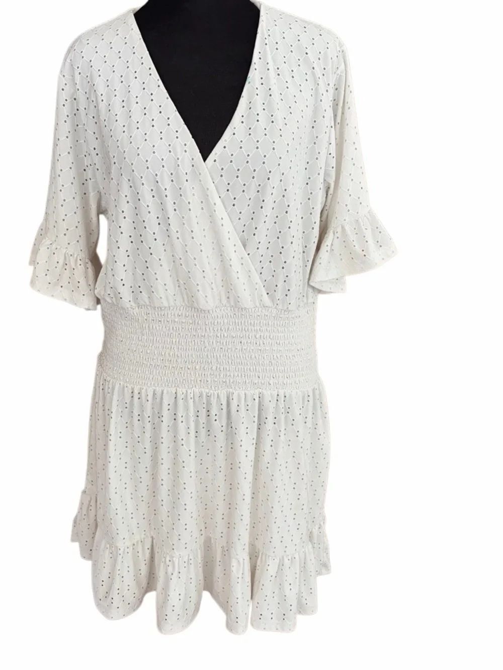 MICHAEL Michael Kors Eyelet Smocked Faux Wrap Dress in white, size L.